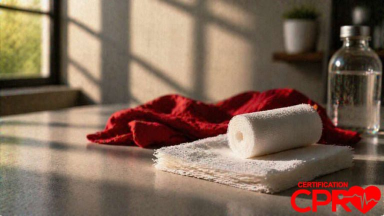 CPR certification training supplies in Clearwater, including a roll of gauze and first aid essentials.