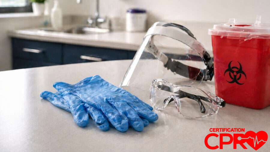 CPR training supplies including gloves, goggles, and biohazard container in Clearwater.